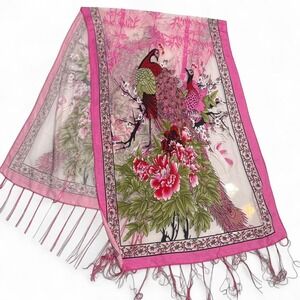 Pink Peacock Scarf 60"‎ • Vintage Fringe • Statement Art Scarf